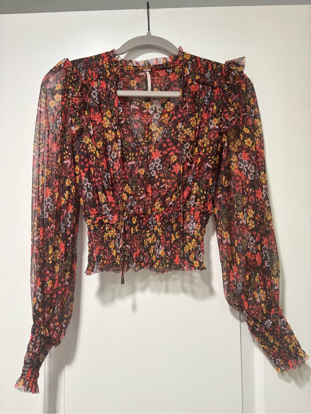 Free People Floral Smocked Waist V-Neck Blouse, XS